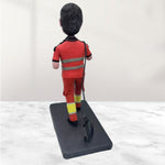 Custom Bobblehead in Red Work Uniform with Coffee Cup