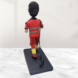 Custom Bobblehead in Red Work Uniform with Coffee Cup