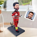 Custom Bobblehead in Red Work Uniform with Coffee Cup
