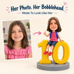 Custom Girl 10 Birthday Gift Bobblehead Sitting on Number 10