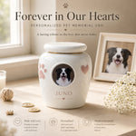 Personalized Ceramic Pet Memorial Urn with Custom Photo & Figurine