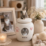 Personalized Ceramic Pet Memorial Urn with Custom Photo & Figurine