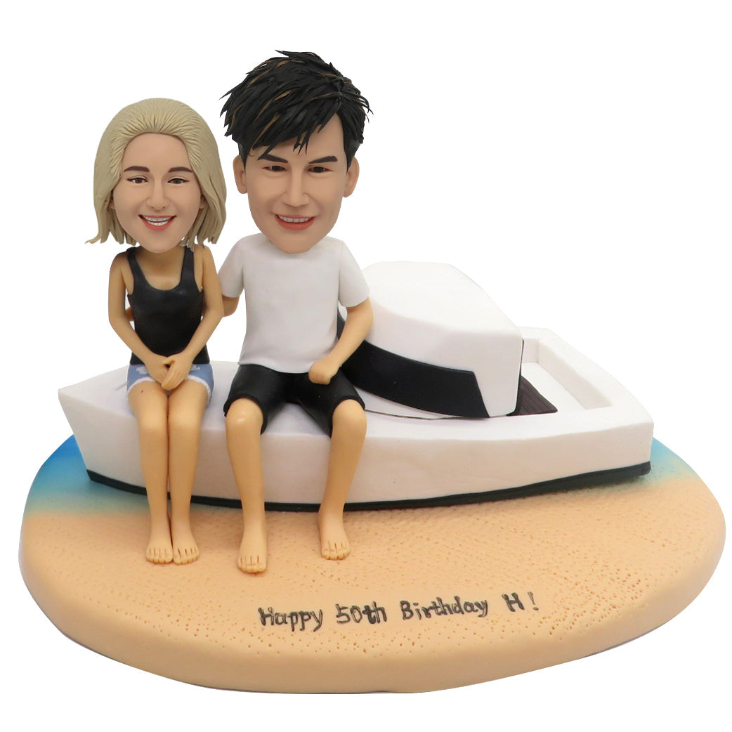 Couple bobblehead on Beach with Yacht