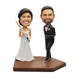 Custom Baseball Couple Bobblehead with Dog