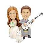 Custom Wedding Couple Bobblehead with Cat and Guitar