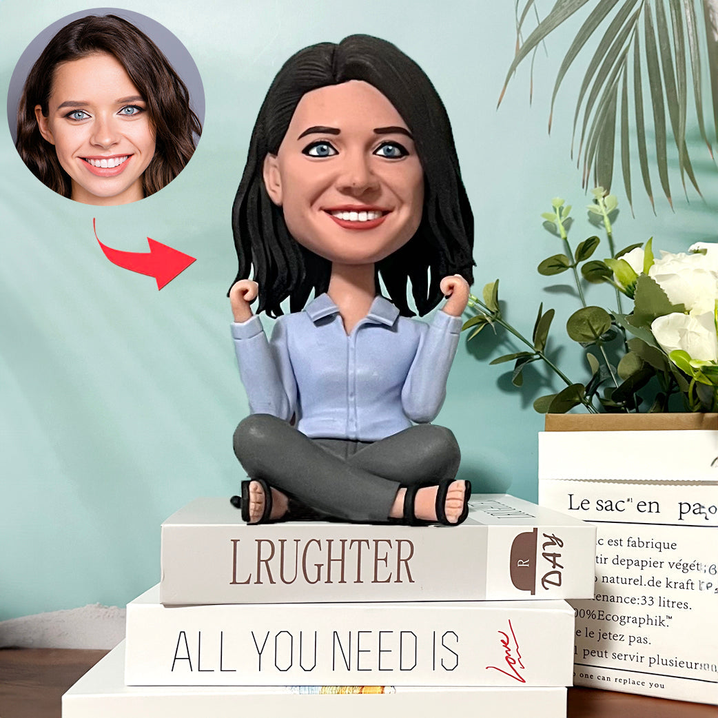 Custom Girl Bobblehead Celebrating While Sitting Cross-legged(Not Include Base)