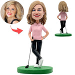 Happy Female Golf Bobblehead in Pink Shirt